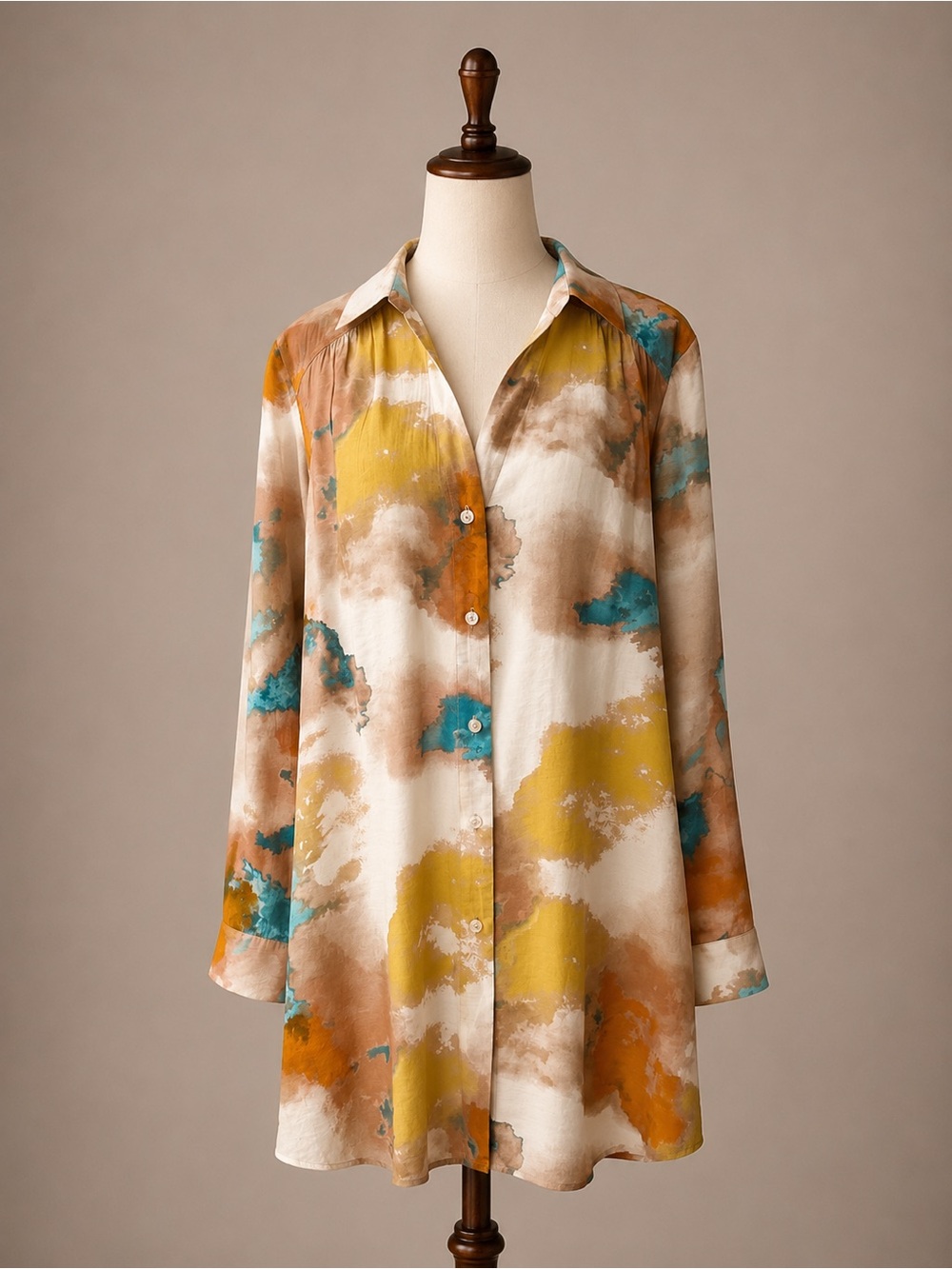 INC International Concepts Watercolor Button Down Tunic Shirt XL Earthy